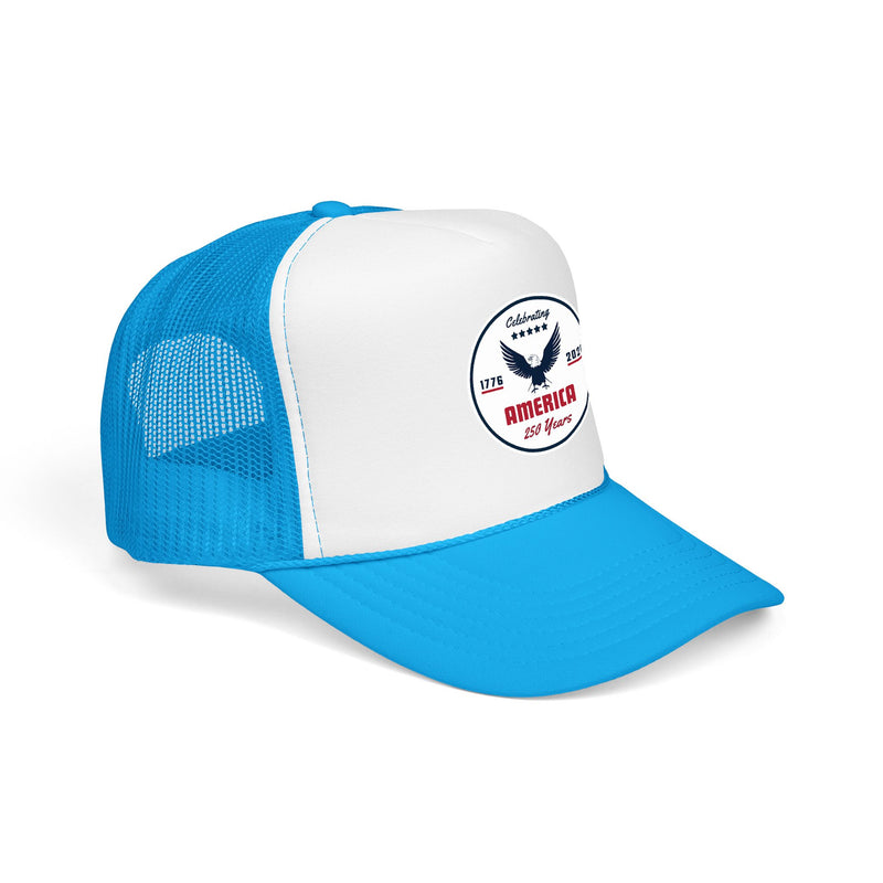 Baby blue trucker hat with 'Celebrating America for 250 Years' design displayed sideways on a white background.