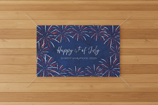 Custom patriotic “Happy 4th of July” matte banner with blue stripes and red and blue stars, 96x60 inches.