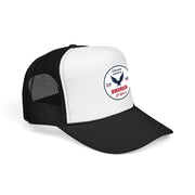 White and black trucker hat with 'Celebrating America for 250 Years' design displayed sideways on a white background.