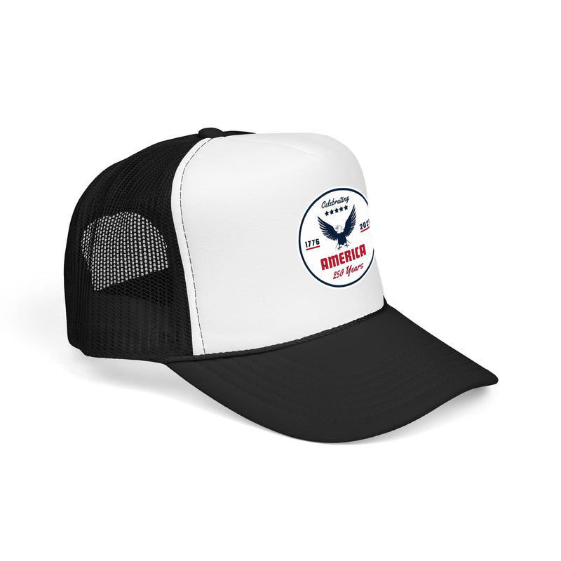 White and black trucker hat with 'Celebrating America for 250 Years' design displayed sideways on a white background.