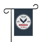 Navy blue garden flag with an eagle design and text celebrating America's 250th anniversary on a white background.