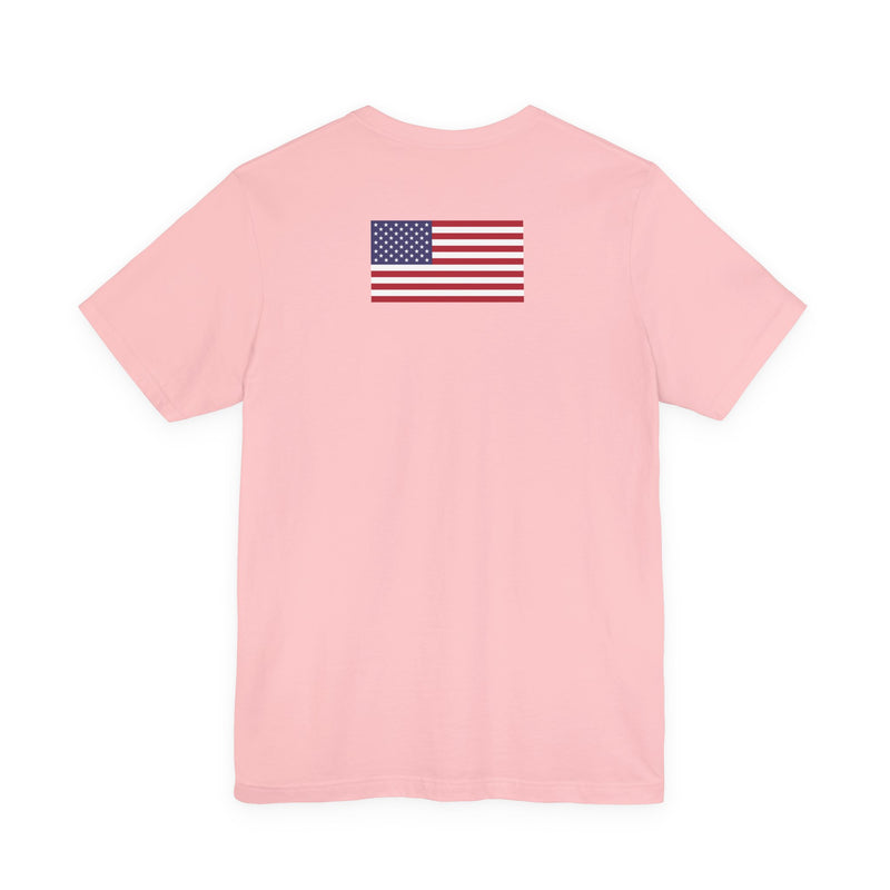 Back of a pink t-shirt with American flag on the back against a white background
