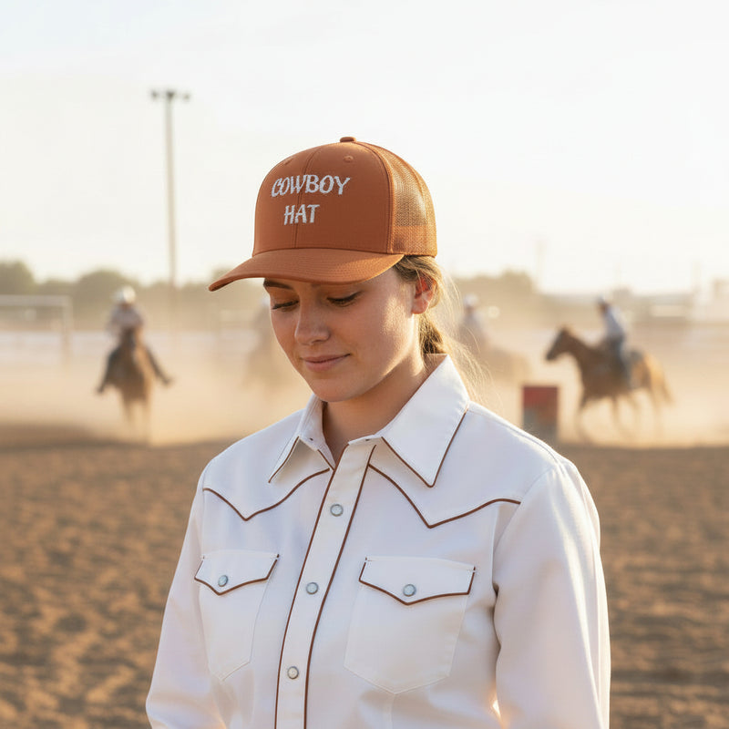Woman wearing an all brown  trucker hat with 'Cowboy Hat' text in front of a rodeo. 