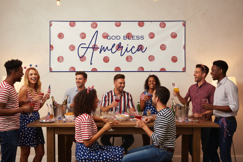 Patriotic “God Bless America” matte banner with red polka dot background hanging above a party table, 96x36 inches.
