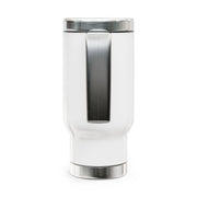 Back of a customizable white tumbler with silver lid with a "your image or design" placeholder on a white background.