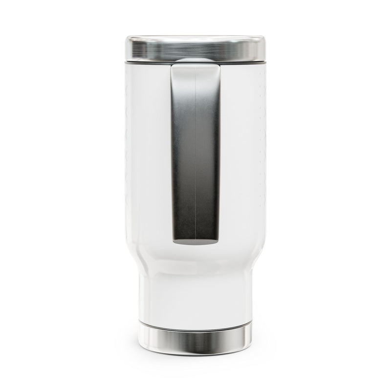 Back of a customizable white tumbler with silver lid with a "your image or design" placeholder on a white background.