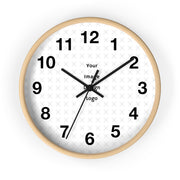 Customizable wall clock with wood color frame with a "your image" placeholder on a white background.
