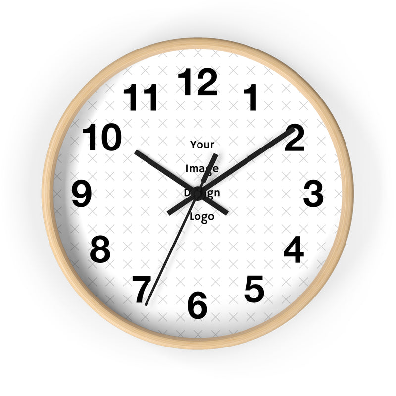 Customizable wall clock with wood color frame with a "your image" placeholder on a white background.