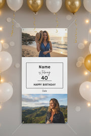 Custom matte photo banner with two family photos and center panel for name, age, and date hanging with balloons  24x48 and 36x72 inches.