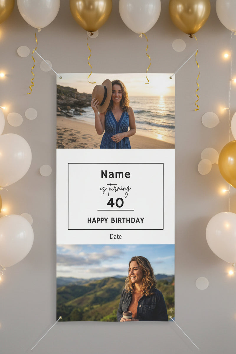 Custom matte photo banner with two family photos and center panel for name, age, and date hanging with balloons  24x48 and 36x72 inches.