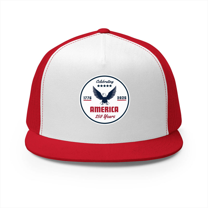 Red and white flat bill trucker cap with a logo 'celebrating America 250 years' on a white background.