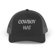 Black and gray trucker hat with 'Cowboy Hat' text on a white background.