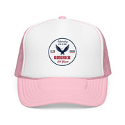 Pink trucker hat with 'Celebrating America for 250 Years' design on a white background.