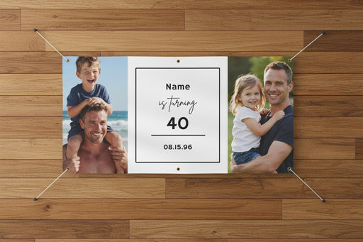 Custom matte photo banner with two family photos and center panel for name, age, and date, 72x36 and 48x24 inches on wood wall.