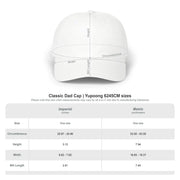 sizing chart for hat for classic ball cap with a circular emblem featuring an eagle and text , along with the American flag on the side on a white background.