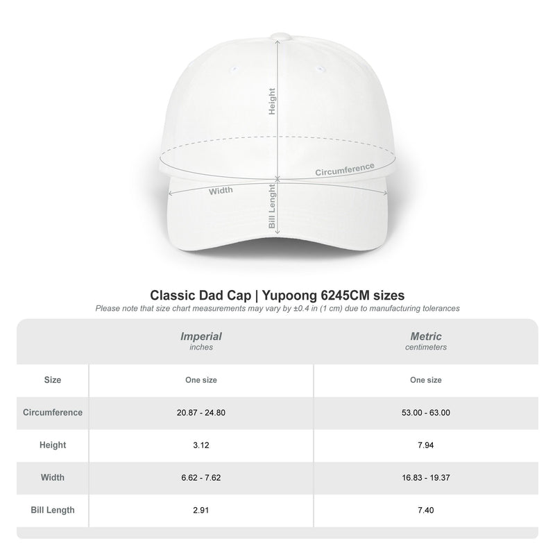 sizing chart for hat for classic ball cap with a circular emblem featuring an eagle and text , along with the American flag on the side on a white background.