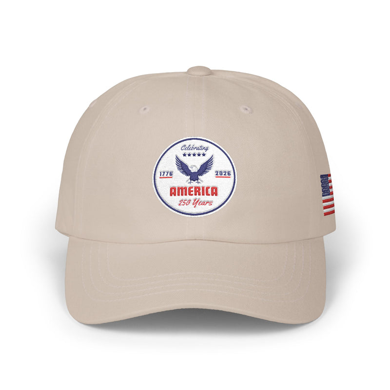 All beige classic ball cap with a circular emblem featuring an eagle and text , along with the American flag on the side on a white background.