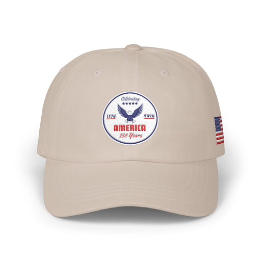 All beige classic ball cap with a circular emblem featuring an eagle and text , along with the American flag on the side on a white background.