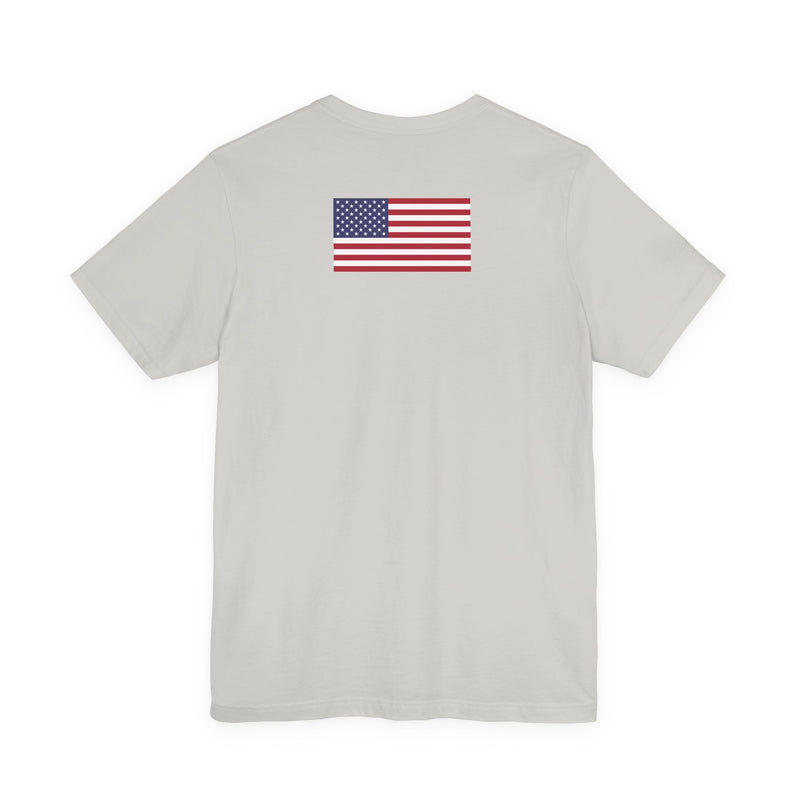 Back of a light grey t-shirt with American flag on the back against a white background