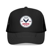 Black trucker hat with 'Celebrating America for 250 Years' design on a white background.