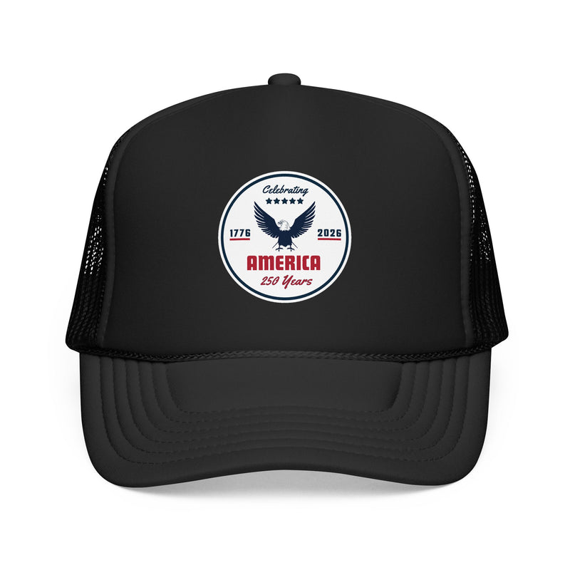 Black trucker hat with 'Celebrating America for 250 Years' design on a white background.