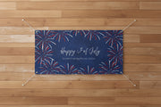 Custom patriotic “Happy 4th of July” matte banner with blue stripes and red and blue stars, 72x36 and 48x24 inches.