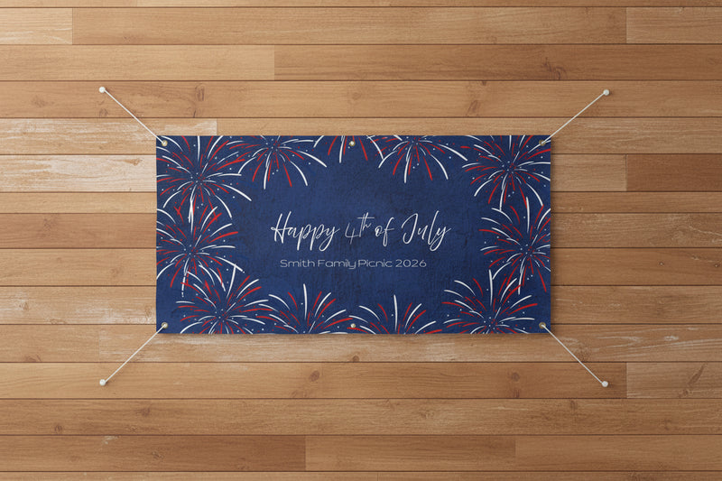 Custom patriotic “Happy 4th of July” matte banner with blue stripes and red and blue stars, 72x36 and 48x24 inches.