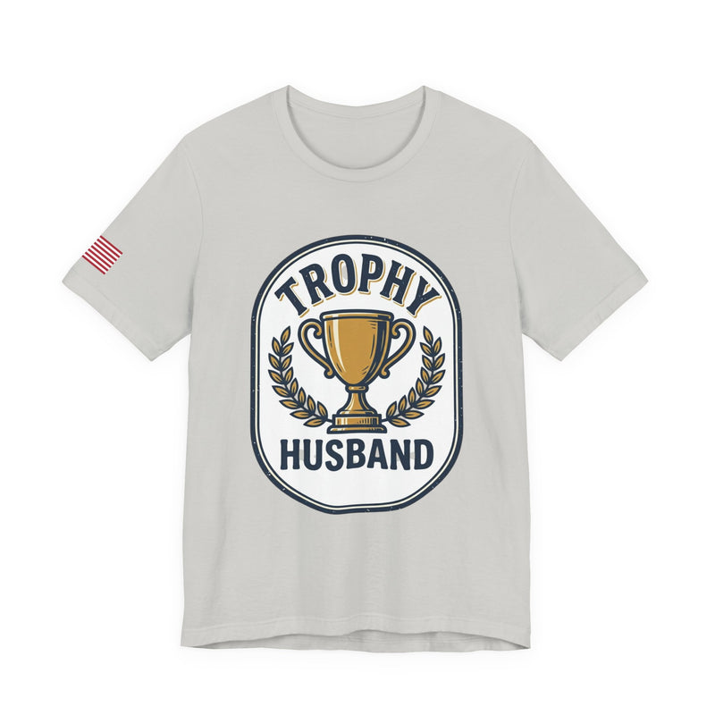 Gray t-shirt with 'Trophy Husband' graphic design on a white background