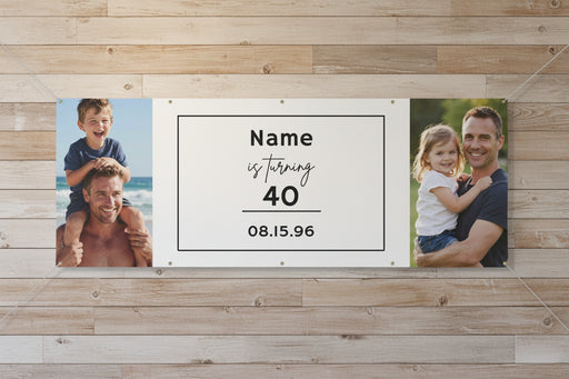 Custom matte photo banner with two family photos and center panel for name, age, and date, 96x36 inches.