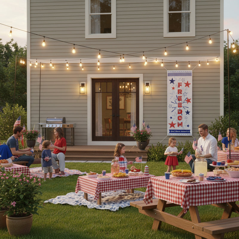 Patriotic vertical matte banner with red white and blue stars, freedom and the word fireworks 36x96 inches.