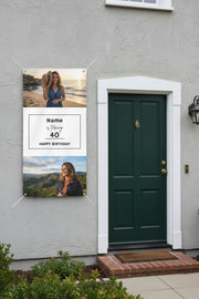 Custom matte photo banner with two  photos and center panel for name, age, and date, 24x48 and 36x72 inches.