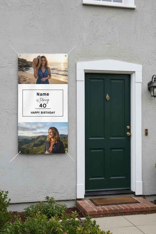 Custom matte photo banner with two  photos and center panel for name, age, and date, 24x48 and 36x72 inches.
