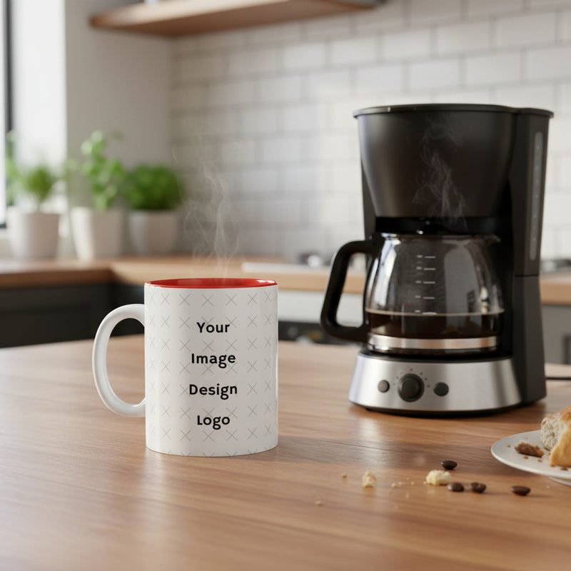 Customizable white mug with red  interior and "your image or design" placeholder on a kitchen table next to a coffee maker. 