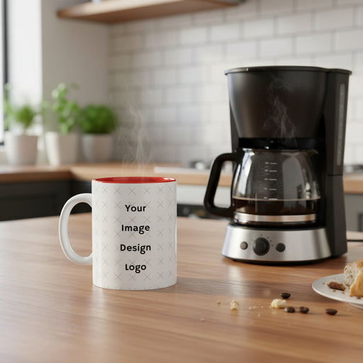 Customizable white mug with red  interior and "your image or design" placeholder on a kitchen table next to a coffee maker. 