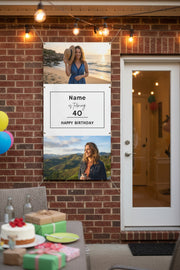 Custom vinyl photo banner with two  photos and center panel for name, age, and date, hanging at a party, 24x48 and 36x72 inches.