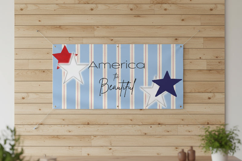 Patriotic “America the Beautiful” matte banner with blue stripes and red and blue stars, 72x36 and 48x24 inches.