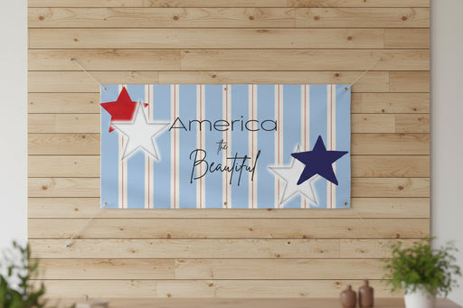 Patriotic “America the Beautiful” matte banner with blue stripes and red and blue stars, 72x36 and 48x24 inches.