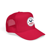 Red trucker hat with 'Celebrating America for 250 Years' design displayed sideways on a white background.