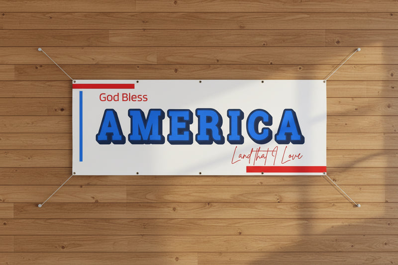 Patriotic “God Bless America” horizontal matte banner with blue stripes and red and blue stars, 96x36 inches.