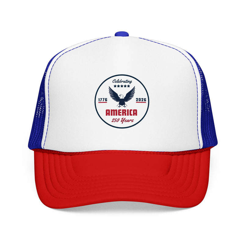 Red white and blue trucker hat with 'Celebrating America for 250 Years' design on a white background.