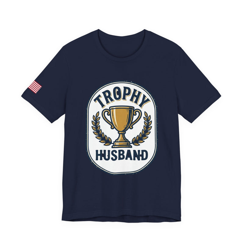 Navy blue t-shirt with 'Trophy Husband' graphic design on a white background