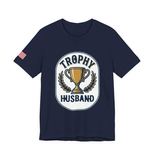 Navy blue t-shirt with 'Trophy Husband' graphic design on a white background