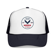 White and navy blue trucker hat with 'Celebrating America for 250 Years' design on a white background.
