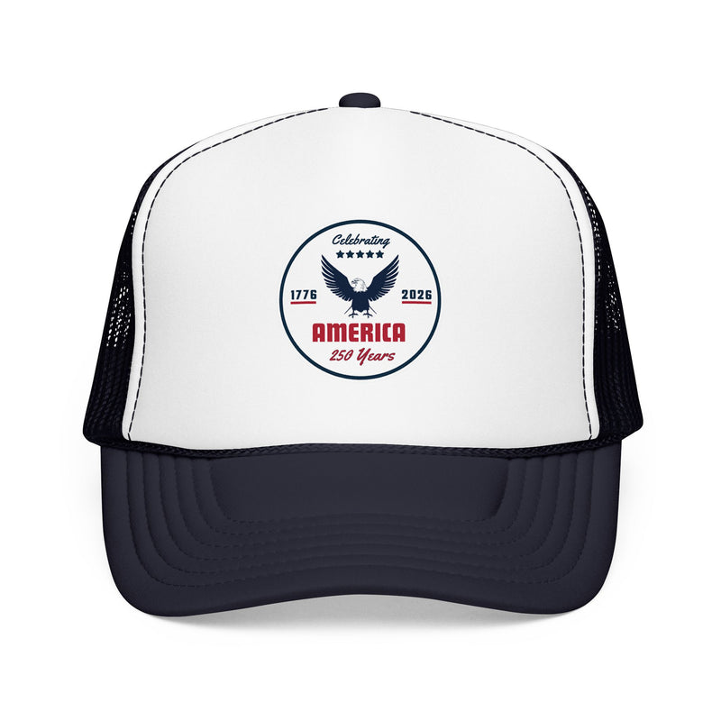 White and navy blue trucker hat with 'Celebrating America for 250 Years' design on a white background.
