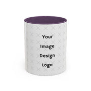 Customizable white mug with purple  interior and "your image or design" placeholder on a white background.