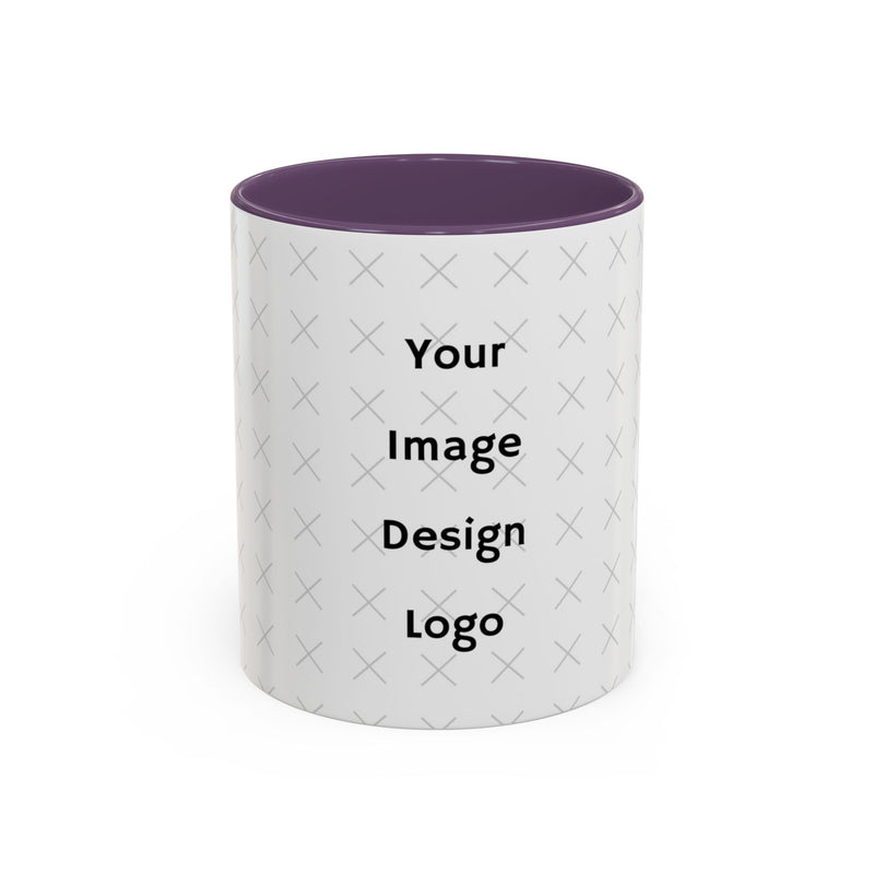 Customizable white mug with purple  interior and "your image or design" placeholder on a white background.