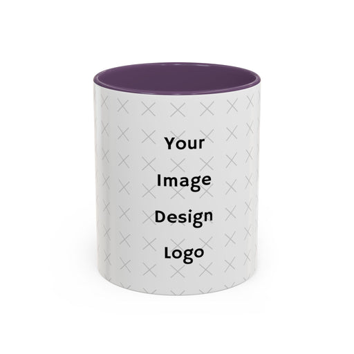 Customizable white mug with purple  interior and "your image or design" placeholder on a white background.