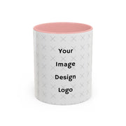 Customizable white mug with pink  interior and "your image or design" placeholder on a white background.