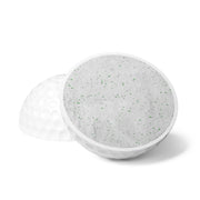 Customizable white golf balls with a "your design or words" placeholder cut in half to see the core on a white background.