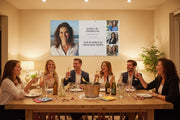 Custom matte photo banner with large portrait, three smaller photos, and space for name and special message hanging above a party table, 72x36 and 48x24 inches.